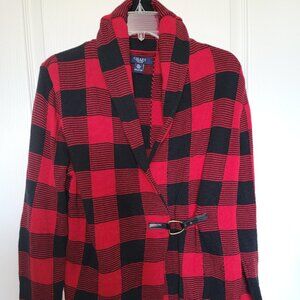 Chaps Women's Size PL Red Black Buffalo Print Plaid Buckle Cowl Neck Sweater